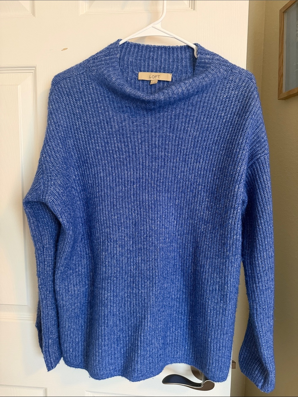 LOFT Blue Ribbed Cowl Neck Sweater